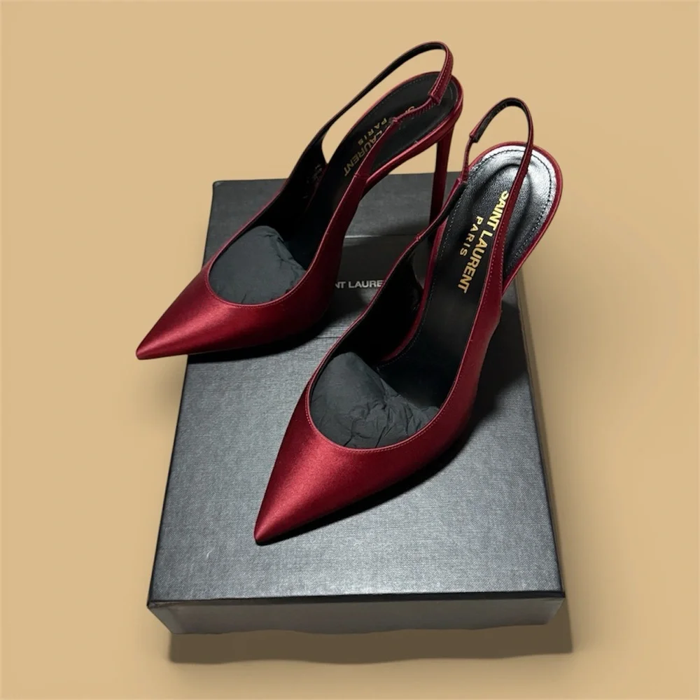 Saint Laurent Burgundy Satin Pointed-Toe Slingback Heels